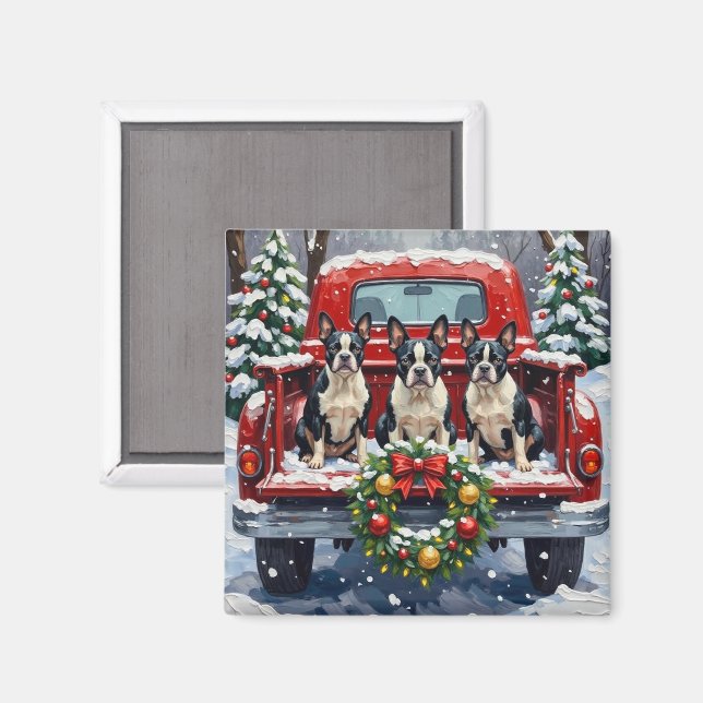 Boston Terrier Christmas Red Truck Holiday Magnet (Vorderseite/Rückseite)