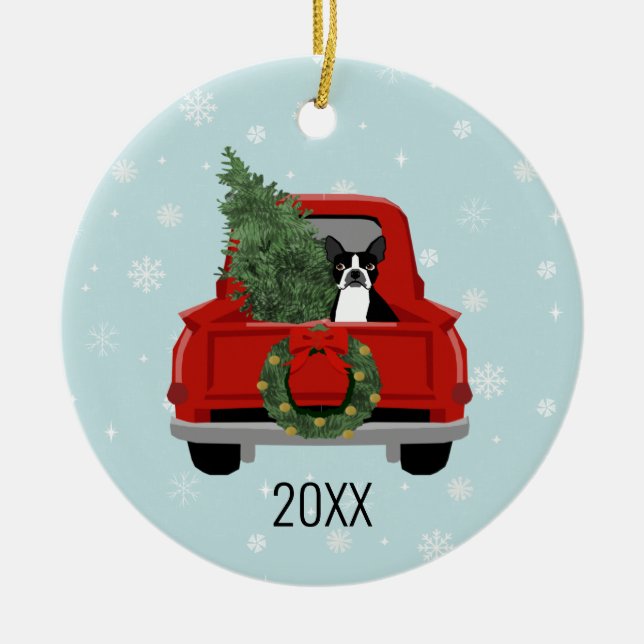 Boston Terrier Christmas Red Truck Keramik Ornament (Vorne)