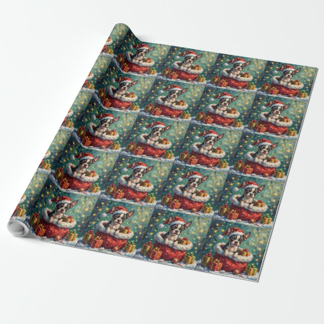 Boston Terrier Christmas Santa Bag Adventure Geschenkpapier (Ungerollt)