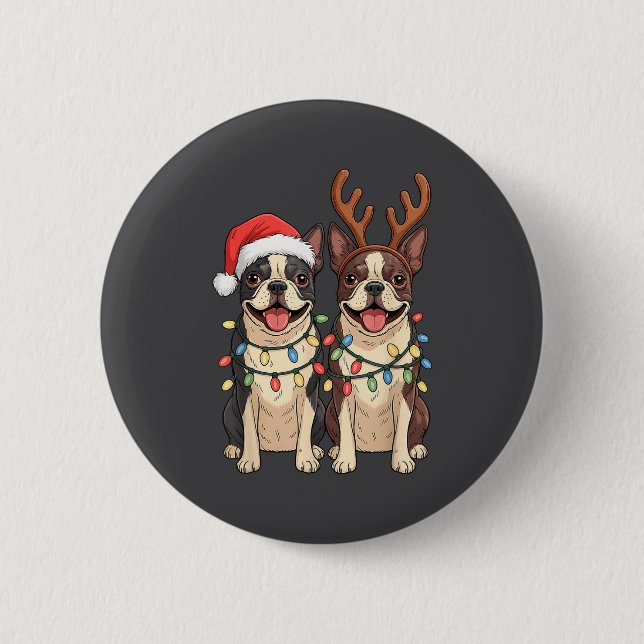 Boston Terrier Christmas Santa Hat Reindeer Lights Button (Vorderseite)
