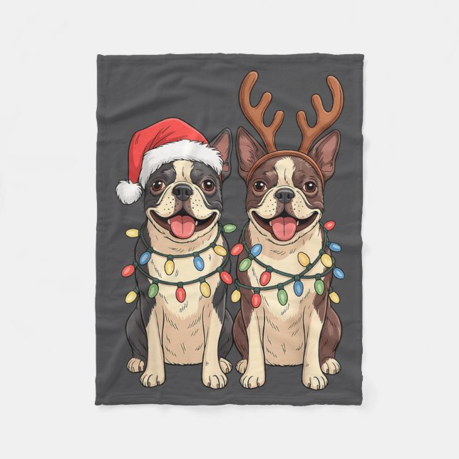 Boston Terrier Christmas Santa Hat Reindeer Lights Fleecedecke (Vorderseite)