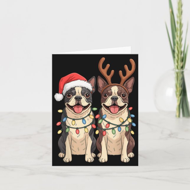 Boston Terrier Christmas Santa Hat Reindeer Lights Karte (Vorderseite)