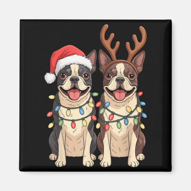 Boston Terrier Christmas Santa Hat Reindeer Lights Magnet (Vorne)