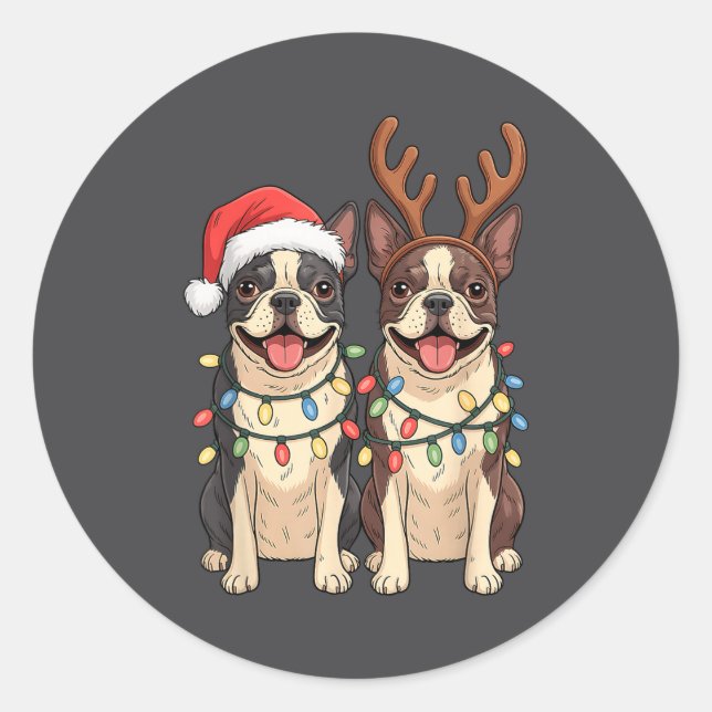 Boston Terrier Christmas Santa Hat Reindeer Lights Runder Aufkleber (Vorderseite)