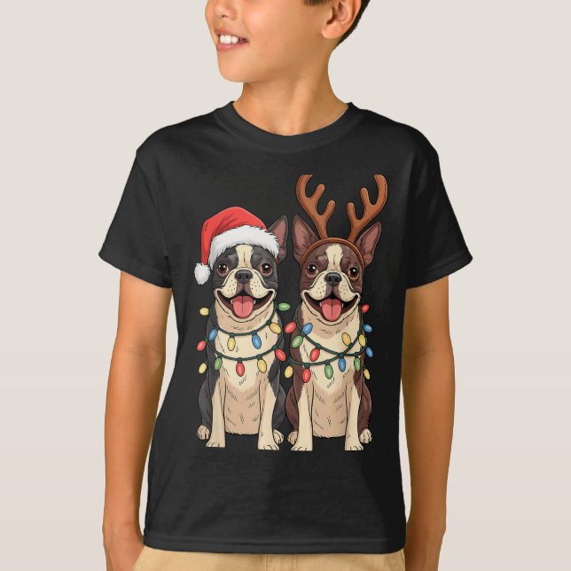 Boston Terrier Christmas Santa Hat Reindeer Lights T-Shirt (Vorderseite)