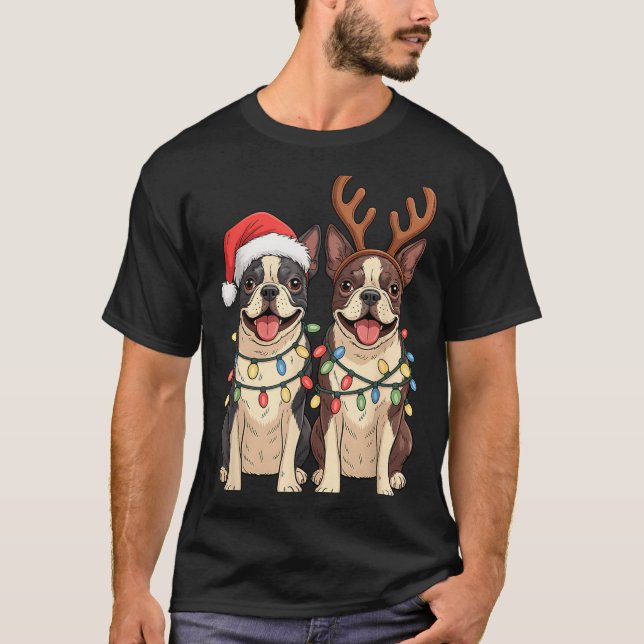 Boston Terrier Christmas Santa Hat Reindeer Lights T-Shirt (Vorderseite)