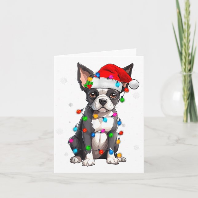 Boston Terrier Christmas Santa Hat Tree Lights Paj Karte (Vorderseite)