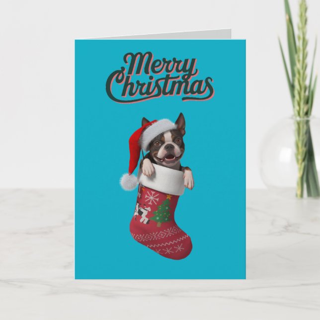 Boston Terrier Christmas Strumpf Feiertagskarte (Vorderseite)