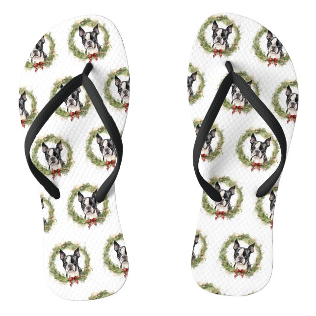 Boston Terrier Christmas Wreath Festivals Flip Flops (Fußbett)