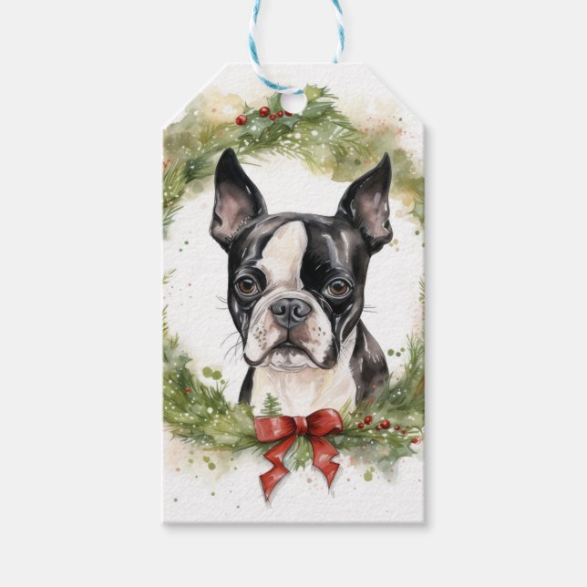 Boston Terrier Christmas Wreath Festivals Geschenkanhänger (Vorderseite)