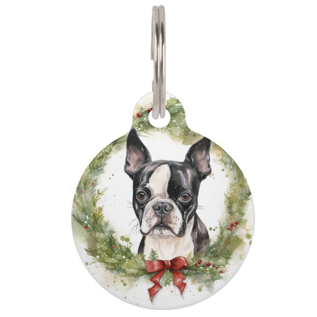 Boston Terrier Christmas Wreath Festivals Haustiermarke (Vorderseite)