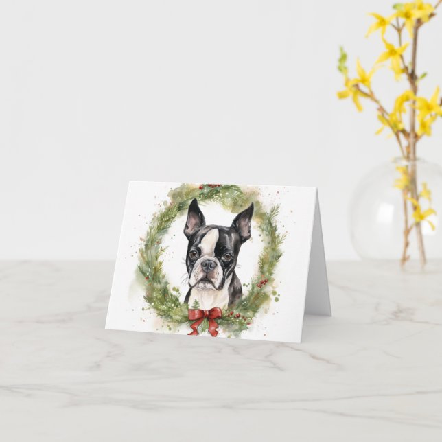 Boston Terrier Christmas Wreath Festivals Karte (Gelbe Blume)