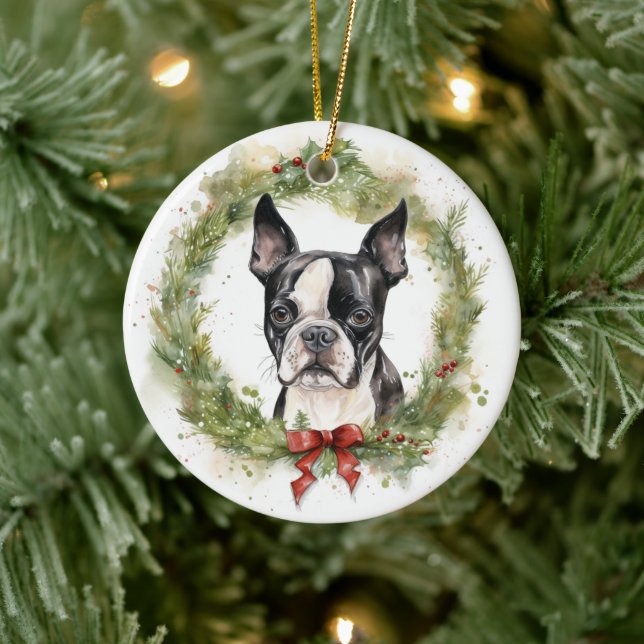 Boston Terrier Christmas Wreath Festivals Keramik Ornament (Baum)