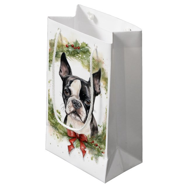 Boston Terrier Christmas Wreath Festivals Kleine Geschenktüte (Vorderseite Schrägansicht)