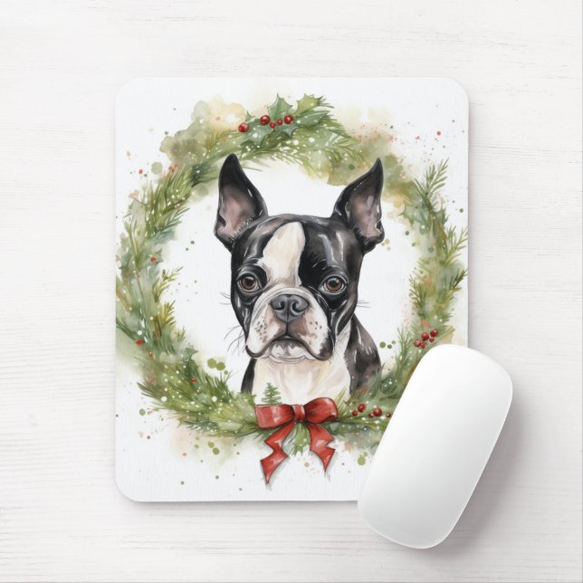Boston Terrier Christmas Wreath Festivals Mousepad (Mit Mouse)