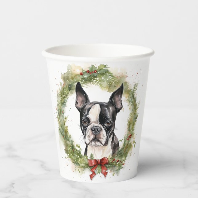 Boston Terrier Christmas Wreath Festivals Pappbecher (Vorderseite)