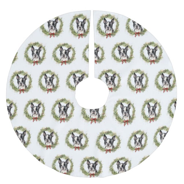 Boston Terrier Christmas Wreath Festivals Polyester Weihnachtsbaumdecke (Vorderseite)
