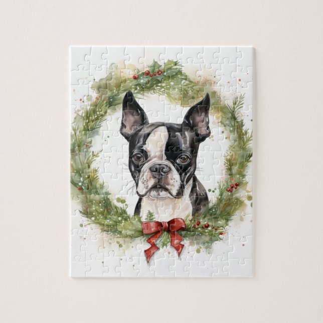 Boston Terrier Christmas Wreath Festivals Puzzle (Vertikal)