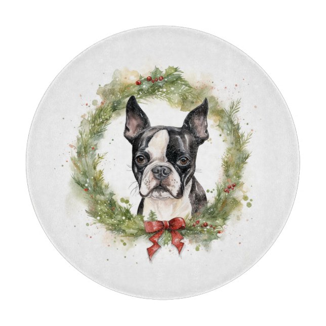 Boston Terrier Christmas Wreath Festivals Schneidebrett (Vorderseite)