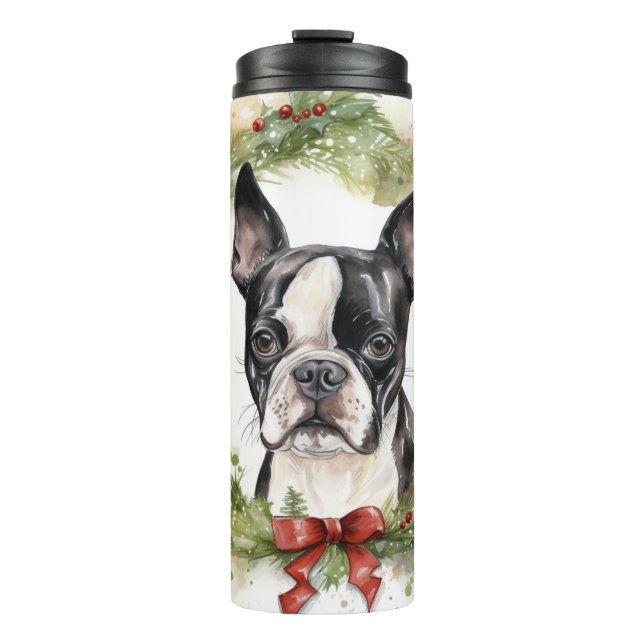 Boston Terrier Christmas Wreath Festivals Thermosbecher (Vorderseite)