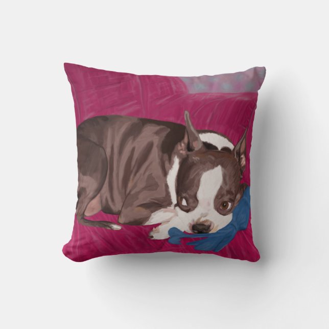 Boston Terrier, das auf roter Couch - Kissen (Vorderseite)