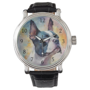 Boston Terrier Digital Watercolor Portrait Dog 173 Armbanduhr