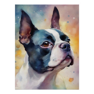 Boston Terrier Digital Watercolor Portrait Dog 173 Poster