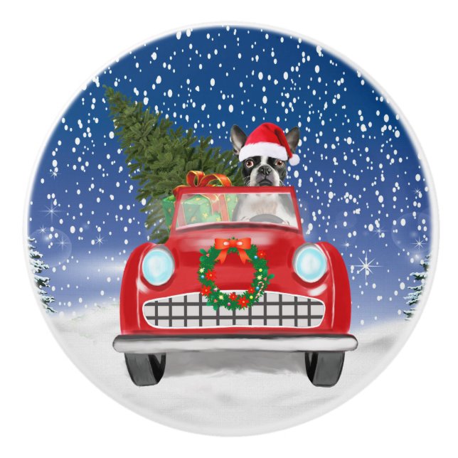 Boston Terrier Dog Autofahren Auto in Schnee Weihn Keramikknauf (Vorderseite)