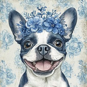 Boston Terrier Dog Blue Floral