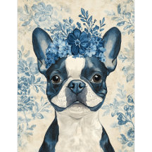 Boston Terrier Dog Blue Floral