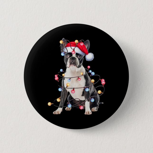 Boston Terrier Dog Christmas Lights Xmas Dog T Shi Button (Vorderseite)
