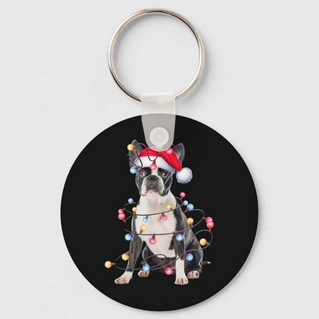 Boston Terrier Dog Christmas Lights Xmas Dog T Shi Schlüsselanhänger (Vorderseite)