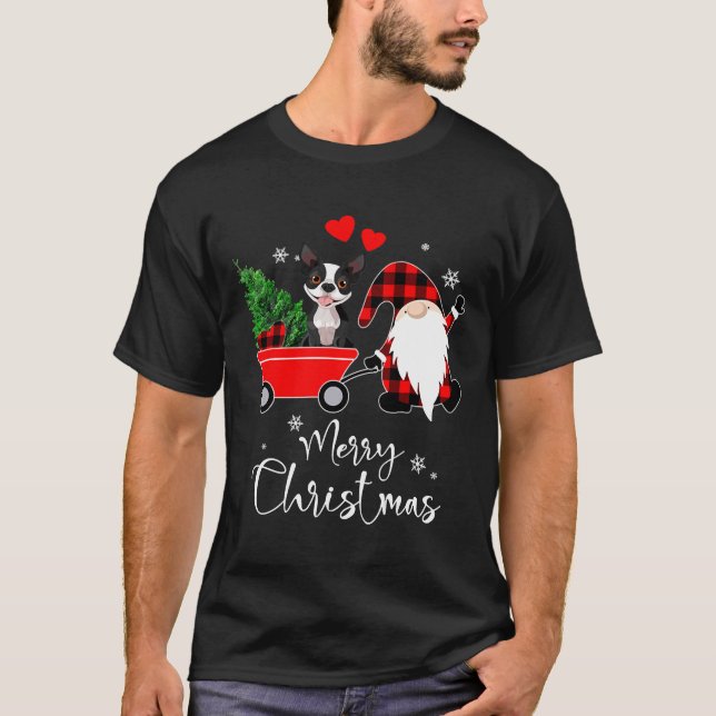Boston Terrier Dog Christmas mit Weihnachtsmannmüt T-Shirt (Vorderseite)