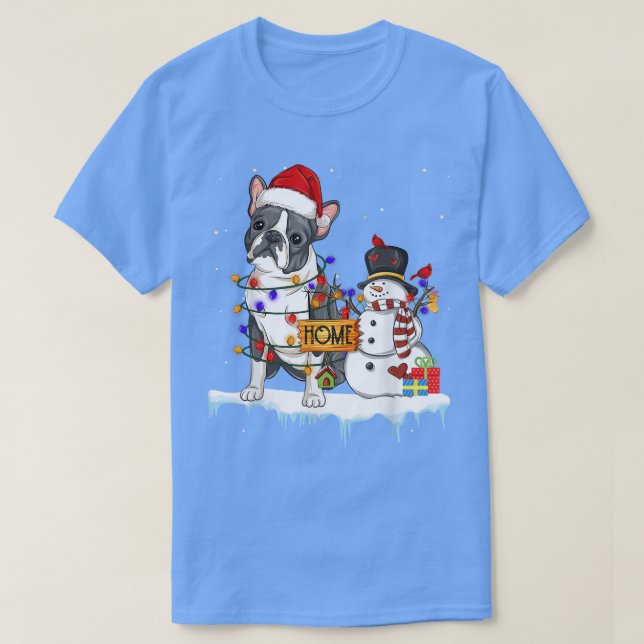 Boston Terrier Dog Christmas Snowman Xmas Lights P T-Shirt (Design vorne)