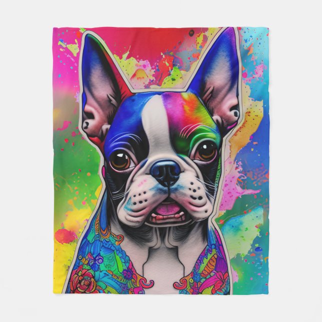 Boston Terrier Dog Colorful Paint Splash Fleecedecke (Vorderseite)