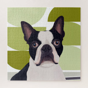 Boston Terrier Dog - Green Geometric Puzzle
