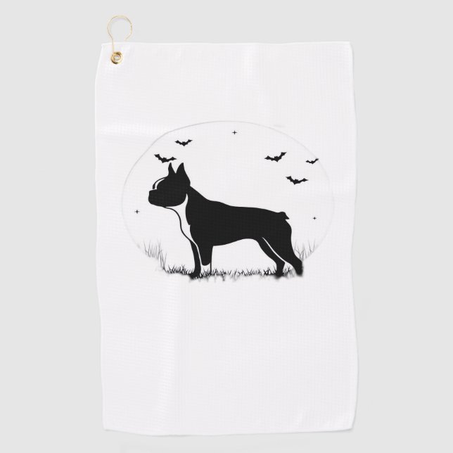 Boston Terrier Dog - Halloween Moon Silhouette Ove Golfhandtuch (Vorderseite)