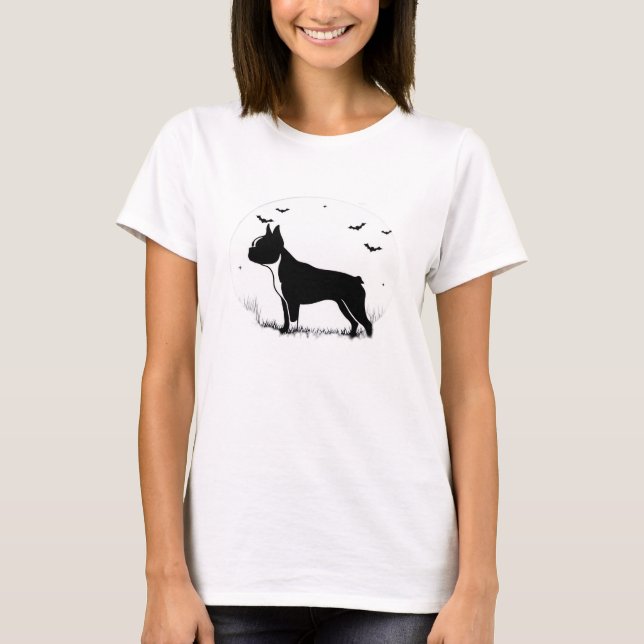 Boston Terrier Dog � Halloween Moon Silhouette Ove T-Shirt (Vorderseite)