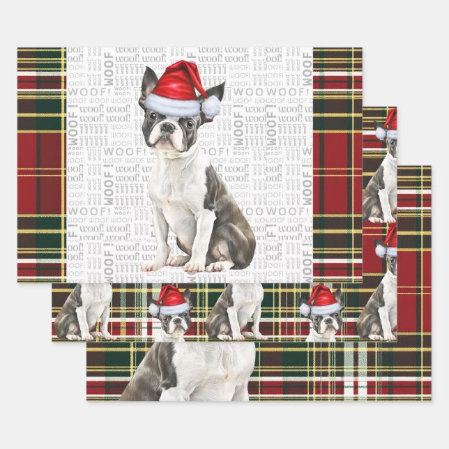 Boston Terrier Dog Holiday Kariert Weihnachten Geschenkpapier Set (Set)