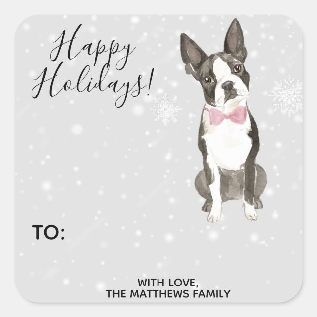 Boston Terrier Dog Holiday Weihnachtsgeschenk Tag Quadratischer Aufkleber (Vorderseite)