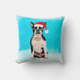 Boston Terrier Dog im Schnee Weihnachtsfeiertag Kissen