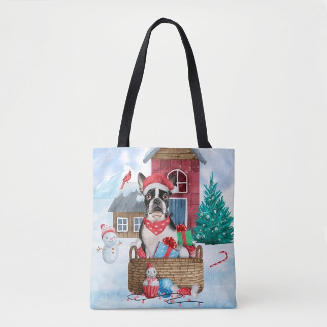 Boston Terrier Dog im Schnee Weihnachtshundehaus (Vorderseite)