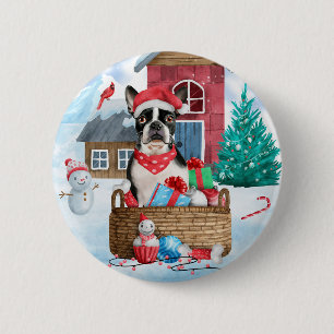 Boston Terrier Dog im Schnee Weihnachtshundehaus Button