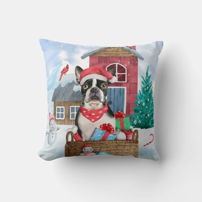 Boston Terrier Dog im Schnee Weihnachtshundehaus Kissen (Vorderseite)