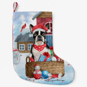 Boston Terrier Dog im Schnee Weihnachtshundehaus Kleiner Weihnachtsstrumpf