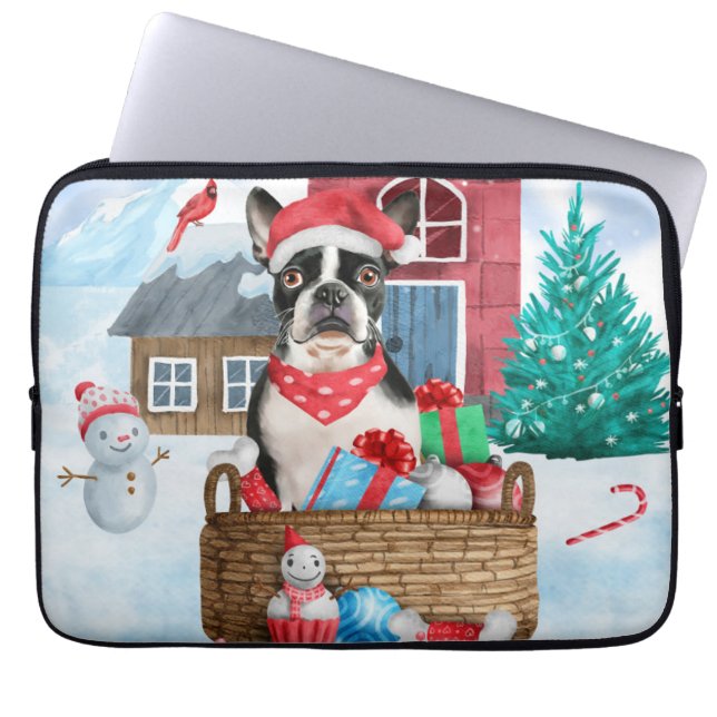 Boston Terrier Dog im Schnee Weihnachtshundehaus Laptopschutzhülle (Vorderseite)