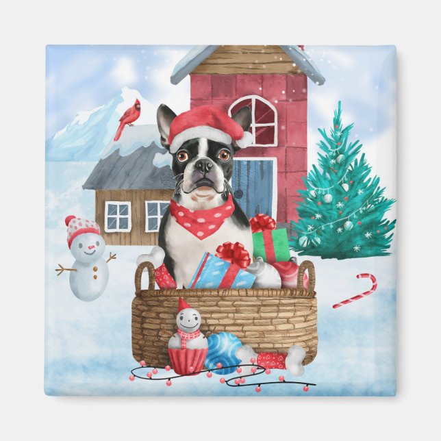 Boston Terrier Dog im Schnee Weihnachtshundehaus Magnet (Vorne)