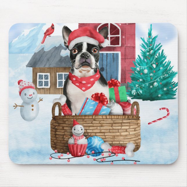 Boston Terrier Dog im Schnee Weihnachtshundehaus Mousepad (Vorne)