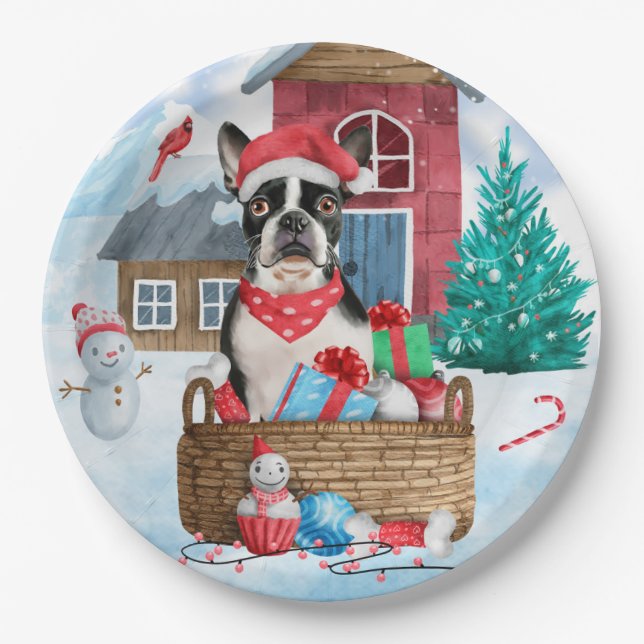 Boston Terrier Dog im Schnee Weihnachtshundehaus Pappteller (Vorderseite)