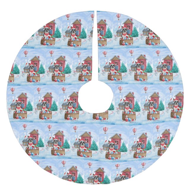 Boston Terrier Dog im Schnee Weihnachtshundehaus Polyester Weihnachtsbaumdecke (Vorderseite)